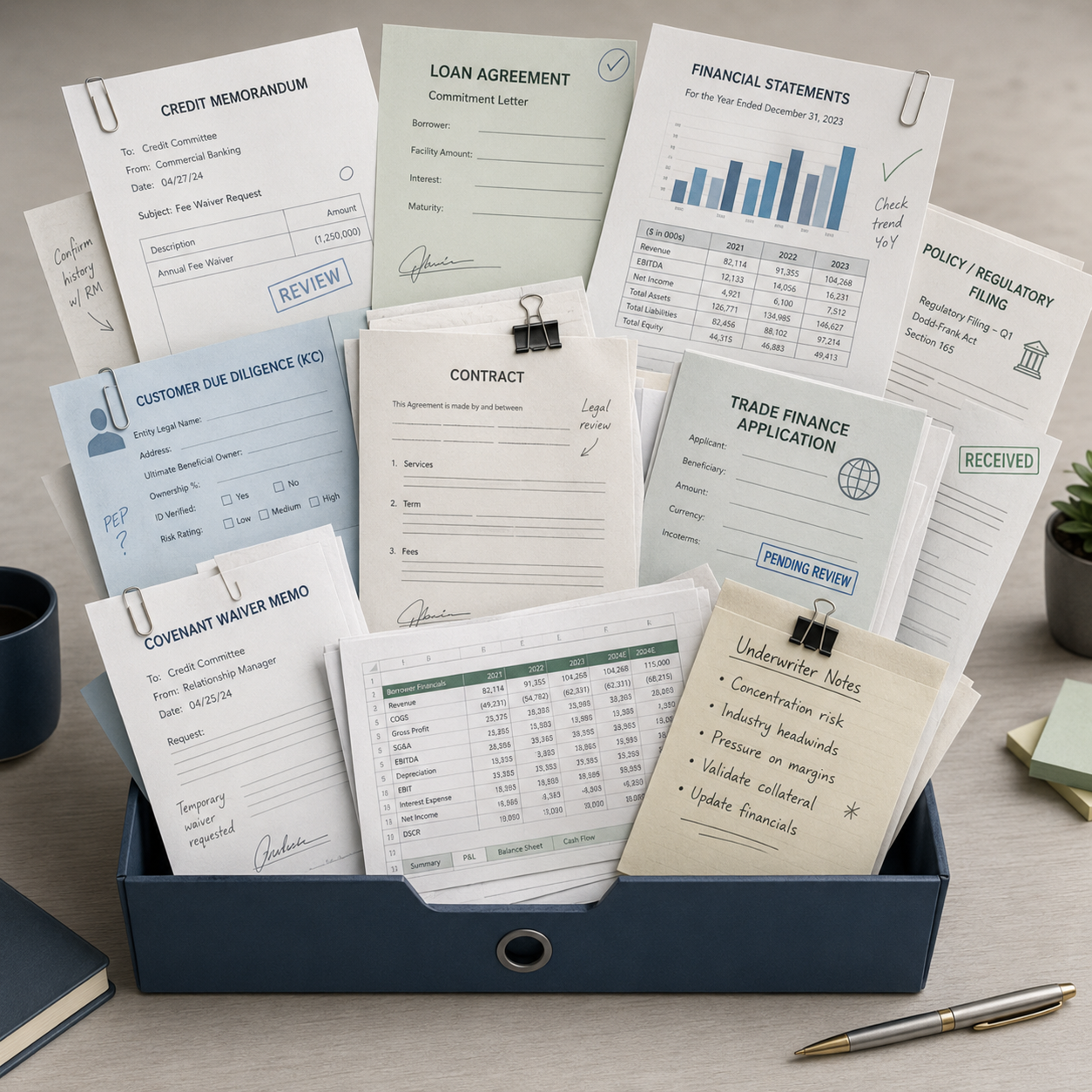 Commercial lending documents prepared for manual underwriting review
